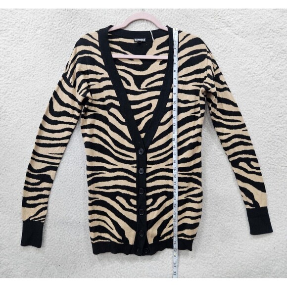 Express Women Sweater Medium Black Animal Print 100% Cotton Long Sleeve Cardigan - Picture 6 of 16